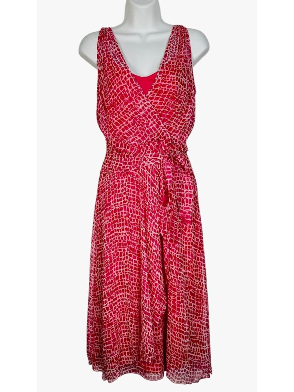 Vintage Betsey Johnson Silk Midi Dress Fit Flare Tie Waist Chiffon Pink White M